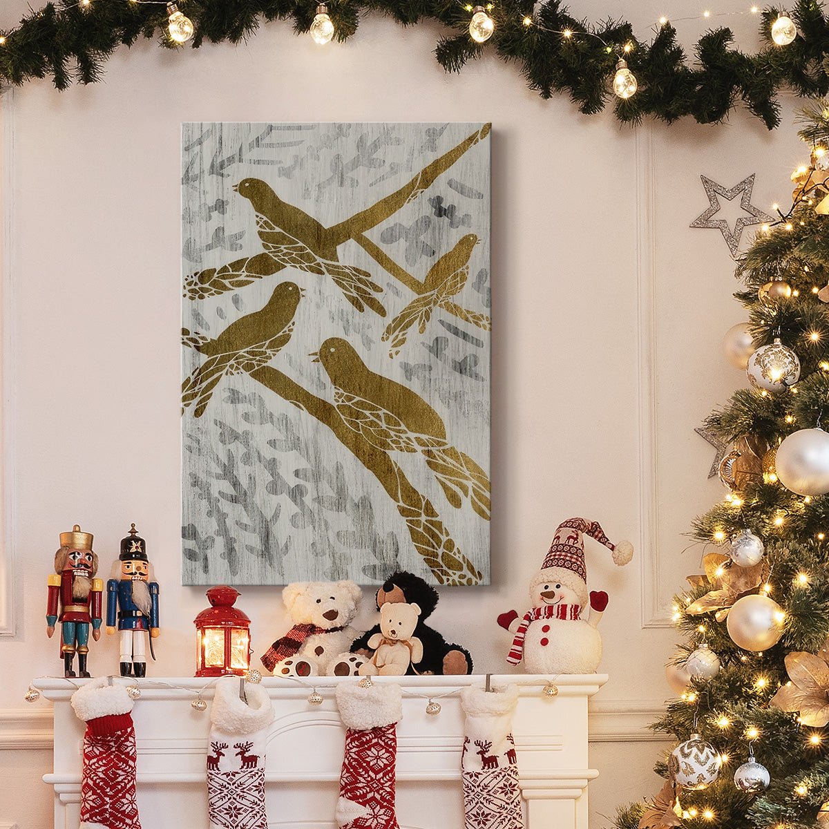 Four Calling Birds  - Gold Leaf Holiday - Gallery Wrapped Canvas