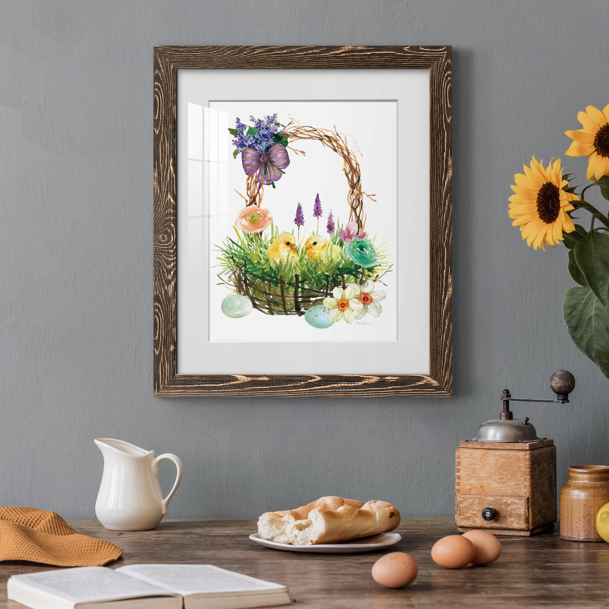 Spring Chick Basket - Barnwood Framed Art Print