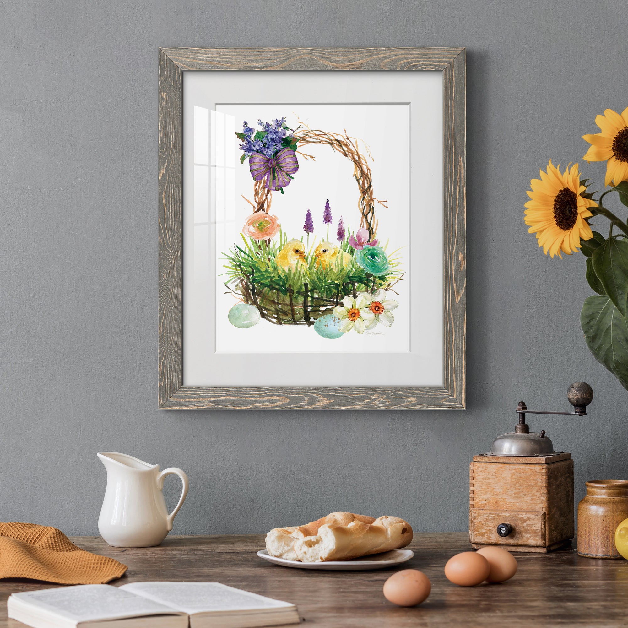 Spring Chick Basket - Barnwood Framed Art Print