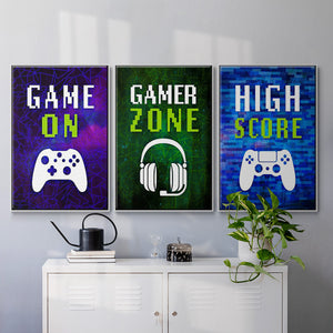 It's Game On I - Framed Premium Gallery Wrapped Canvas L Frame 3 Piece Set - Ready to Hang