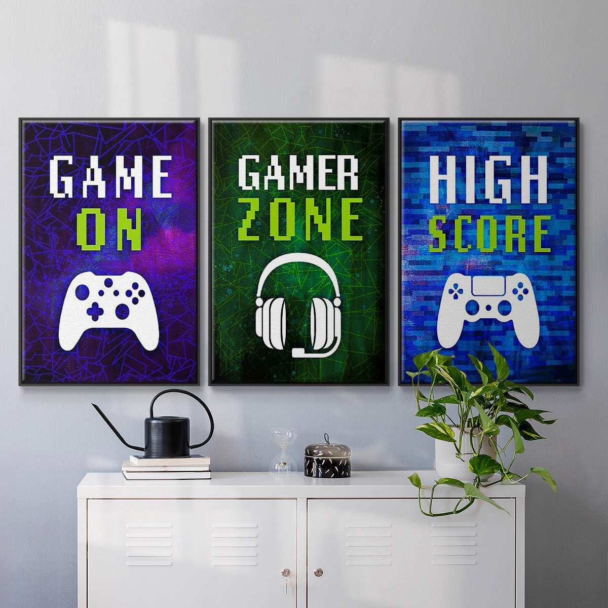 It's Game On I - Framed Premium Gallery Wrapped Canvas L Frame 3 Piece Set - Ready to Hang