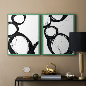 Colorful geometric landscape artwork depicting a coastal view with blue waters and green hills during daytime