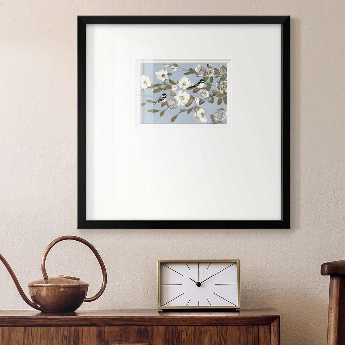 Chickadees and Blossoms I Premium Framed Print Double Matboard