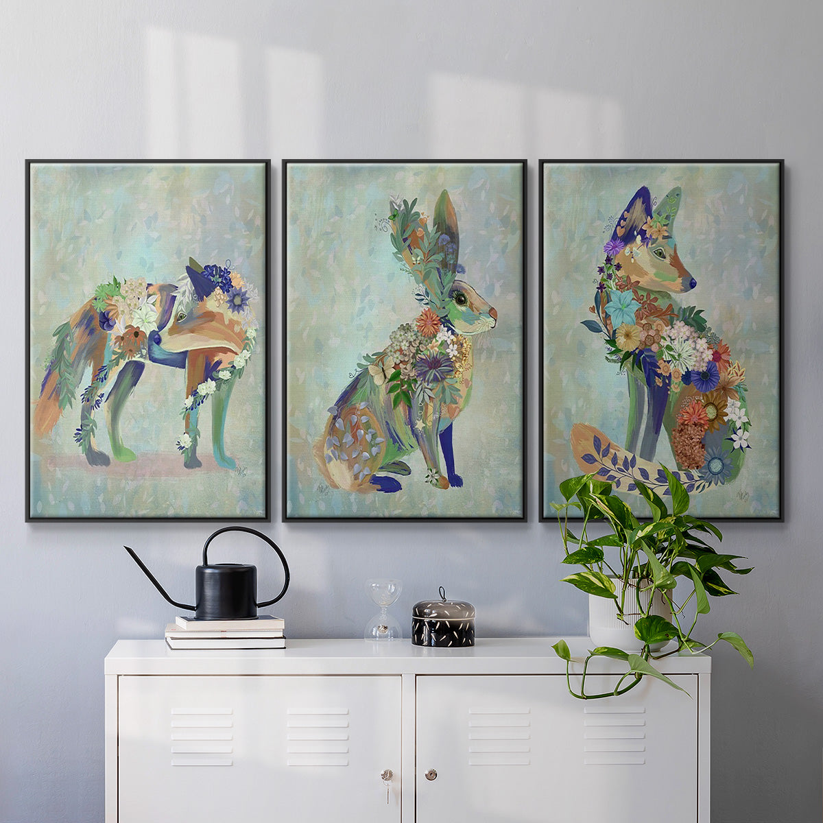 Fantastic Florals Fox, Sitting - Framed Premium Gallery Wrapped Canvas L Frame 3 Piece Set - Ready to Hang