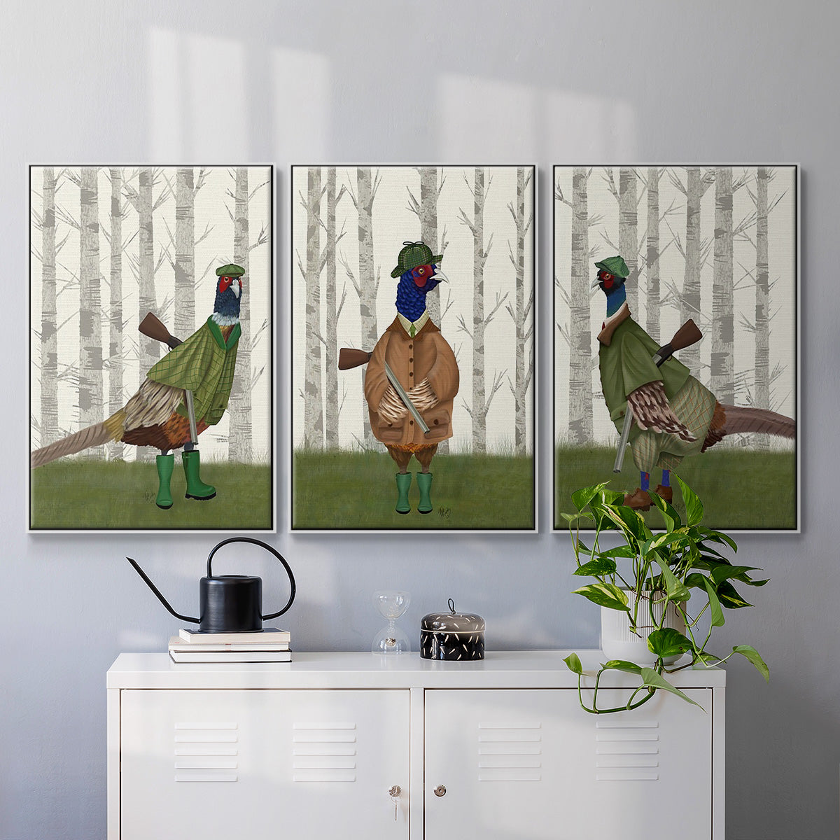 Pheasant Shooting Party 1 - Framed Premium Gallery Wrapped Canvas L Frame 3 Piece Set - Ready to Hang