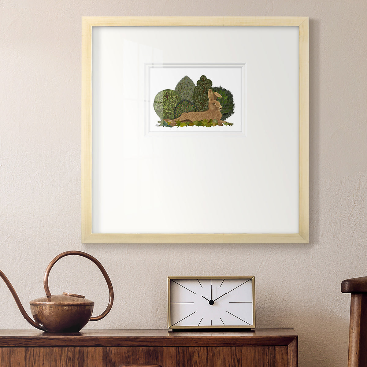 Hare Reclining in Leaves Premium Framed Print Double Matboard