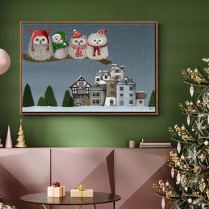 Christmas Christmas Owl Village - Framed Gallery Wrapped Canvas in Floating Frame
