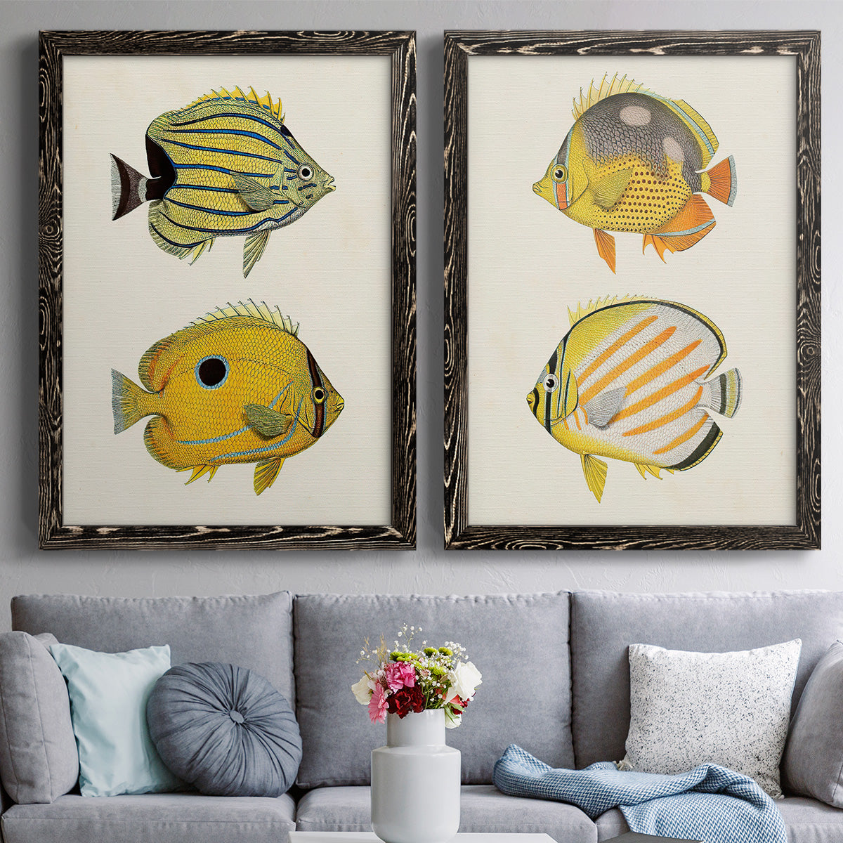 Yellow & Grey Fish III - Premium Framed Canvas 2 Piece Set - Ready to Hang