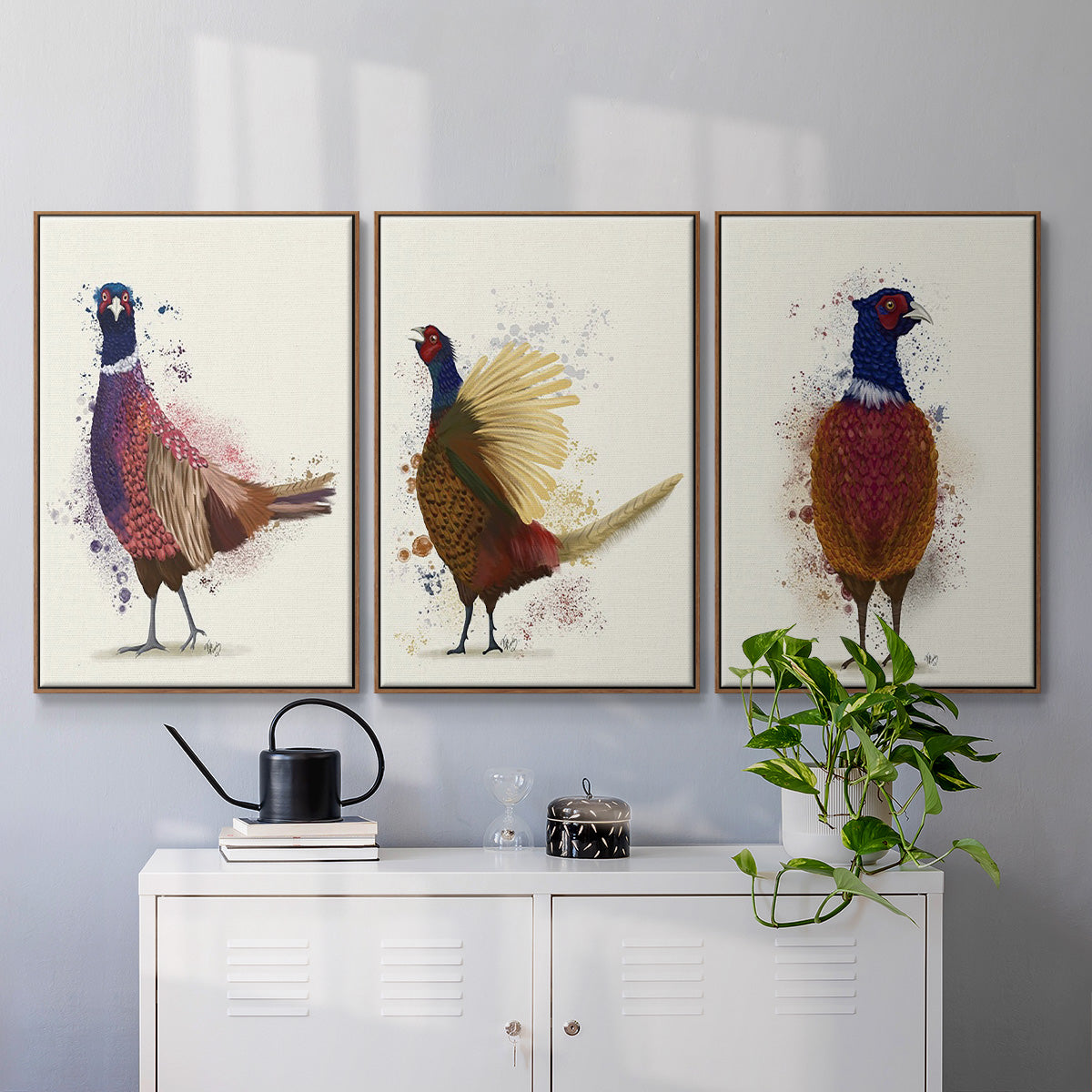 Pheasant Splash 3 - Framed Premium Gallery Wrapped Canvas L Frame 3 Piece Set - Ready to Hang