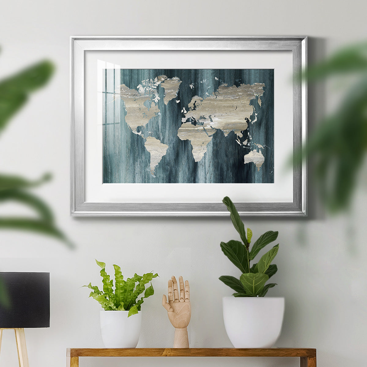 Navy World Map Premium Framed Print - Ready to Hang