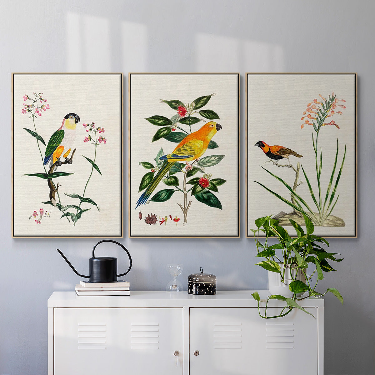 Bird in Habitat III - Framed Premium Gallery Wrapped Canvas L Frame 3 Piece Set - Ready to Hang
