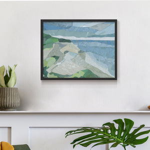 Abstract artwork features a coastal landscape with blue waters and gentle green hills. The composition uses geometric shapes to create a serene and vibrant atmosphere.