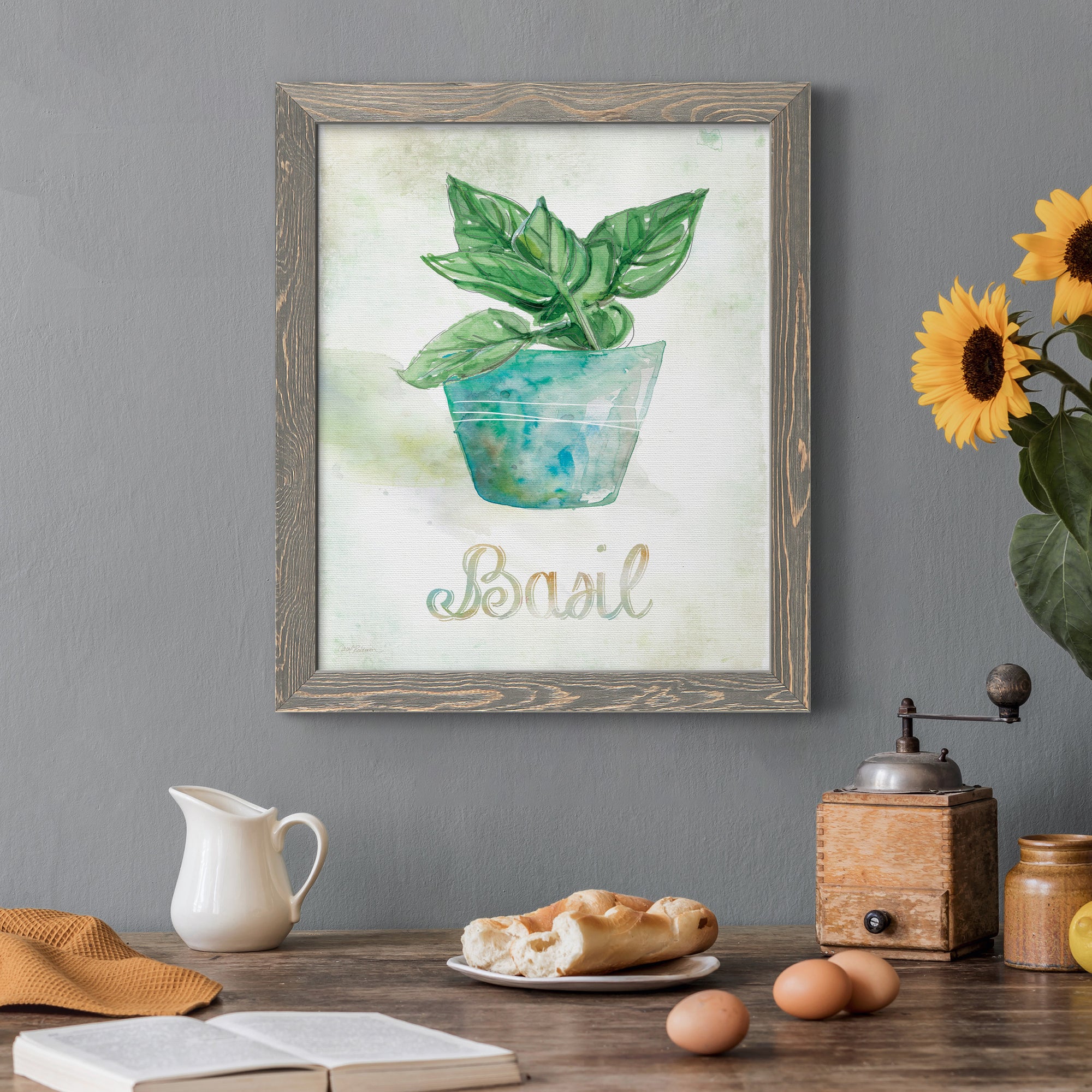 Potted Basil - Premium Canvas Framed in Barnwood - Ready to Hang