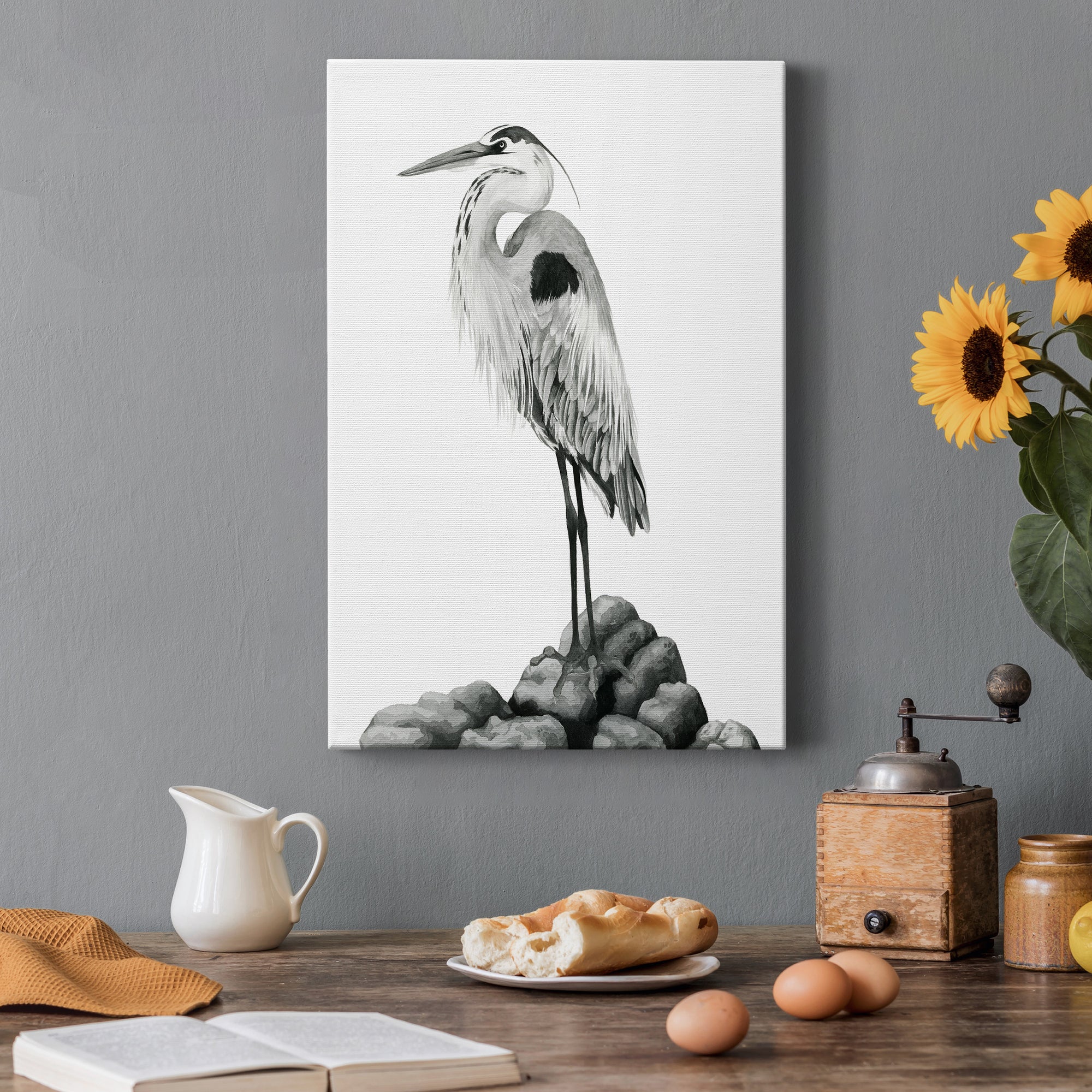 Shoreline Heron in B&W II Premium Gallery Wrapped Canvas - Ready to Hang