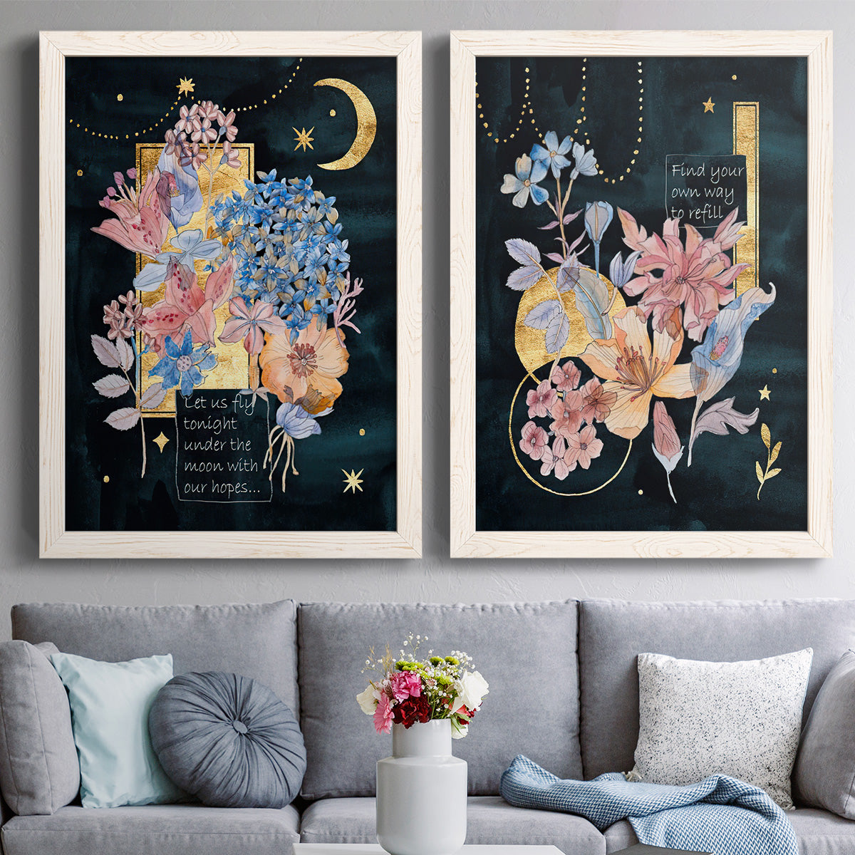 Moonlight Flowers I - Premium Framed Canvas 2 Piece Set - Ready to Hang
