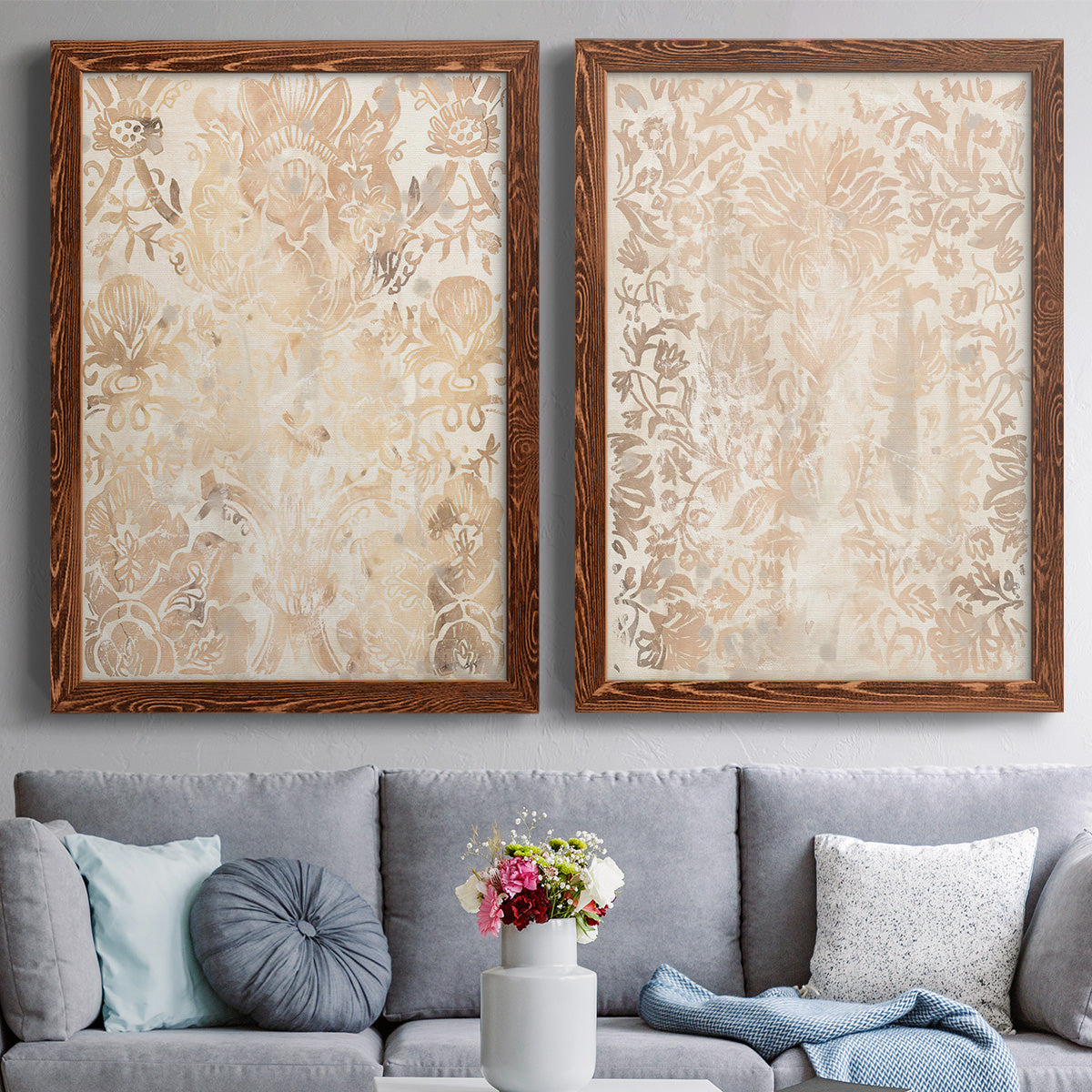 Walnut Damask III - Premium Framed Canvas 2 Piece Set - Ready to Hang