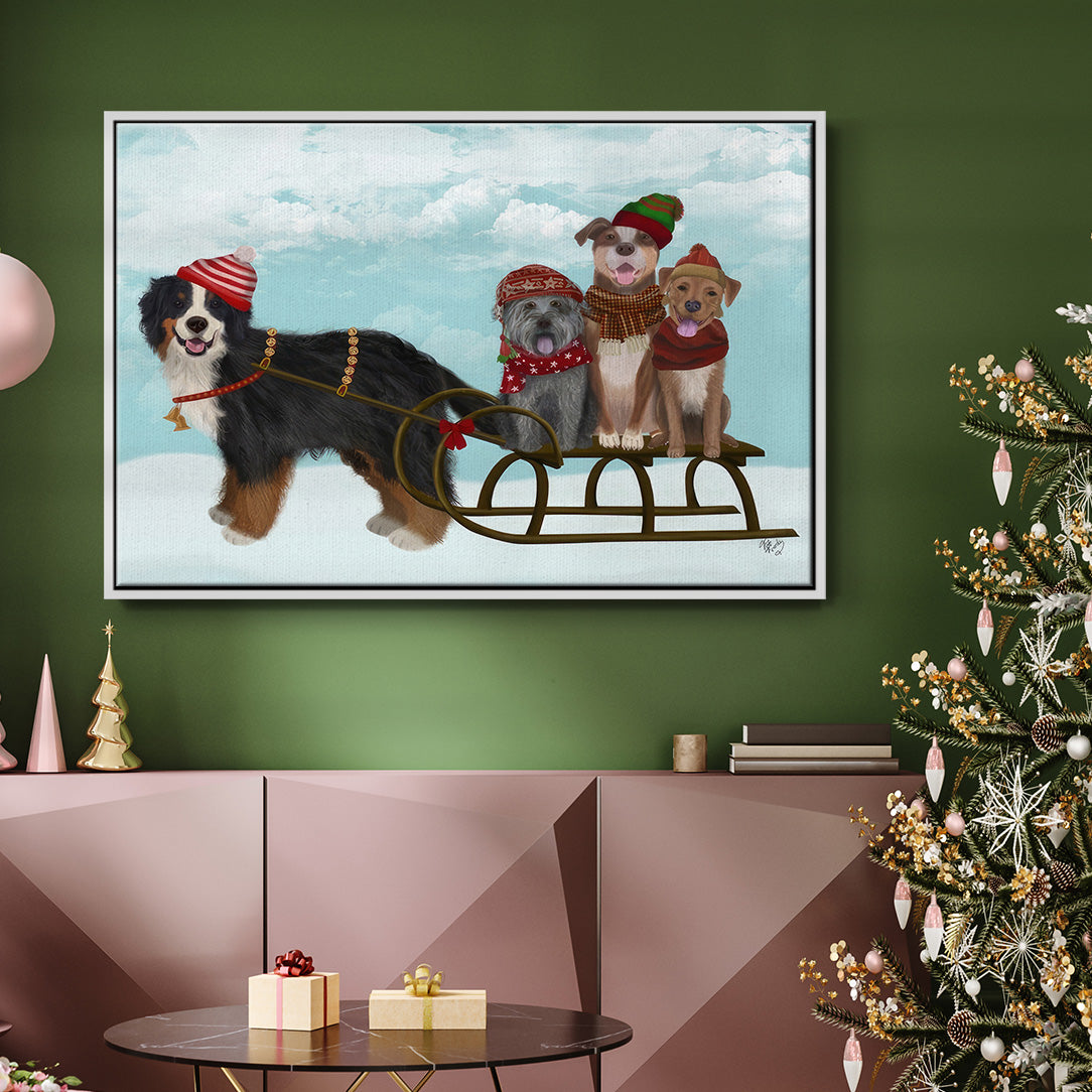 Christmas Mutt Sled - Framed Gallery Wrapped Canvas in Floating Frame