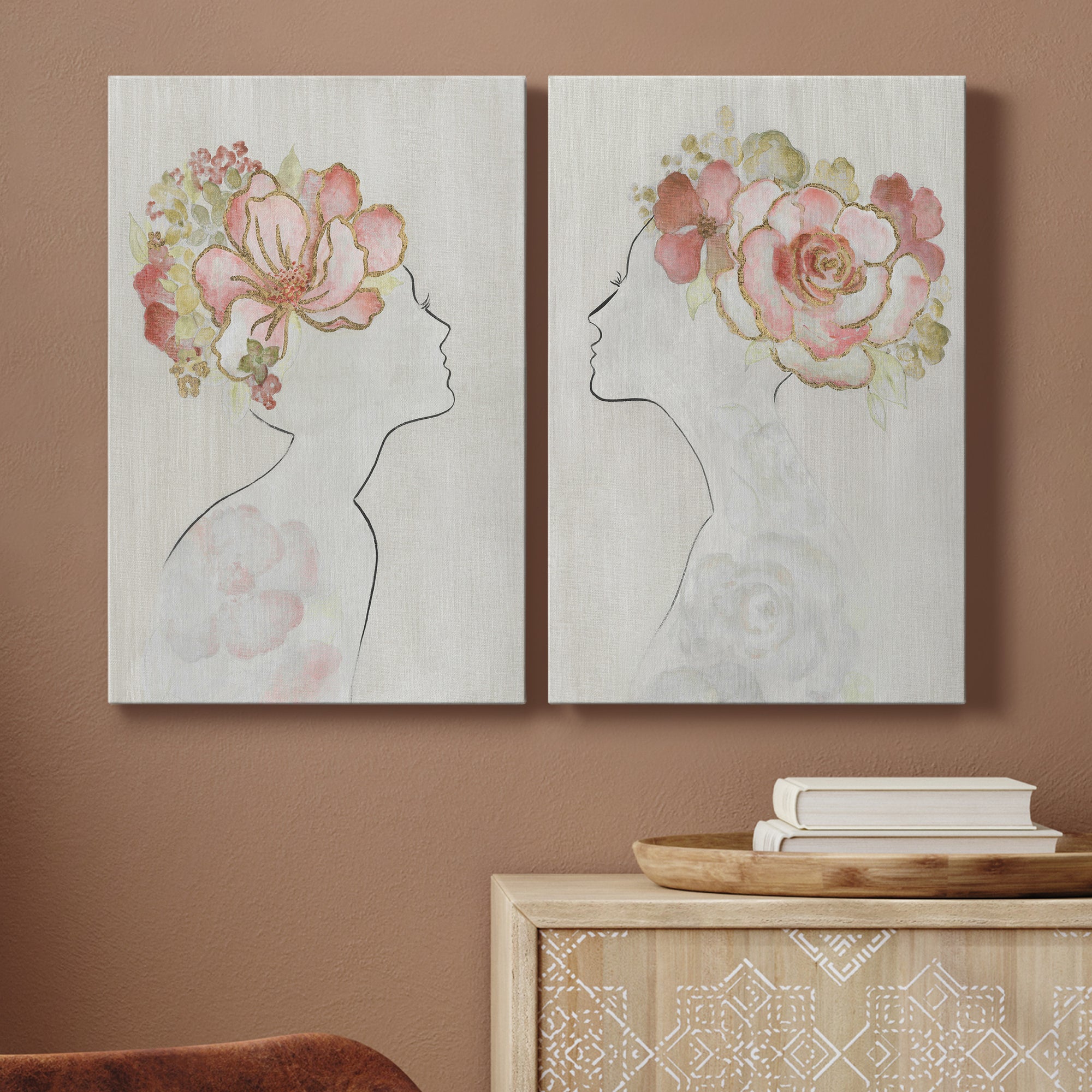 Fashion Floral Silhouette I Premium Gallery Wrapped Canvas - Ready to Hang - Set of 2 - 8 x 12 Each