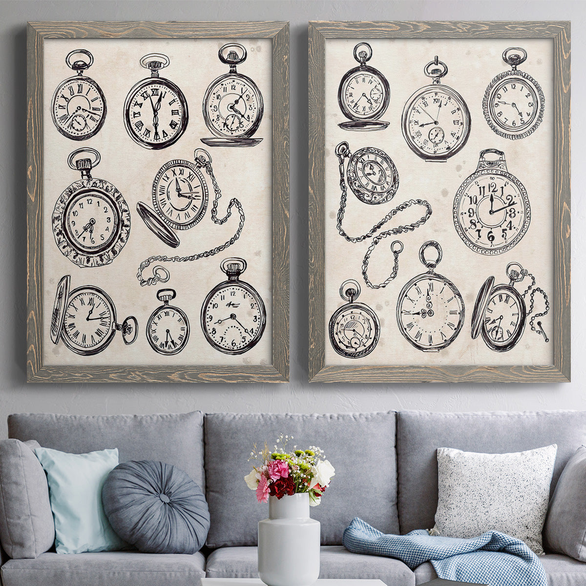 Pocket Watch Sketches I - Premium Framed Canvas 2 Piece Set - Ready to Hang