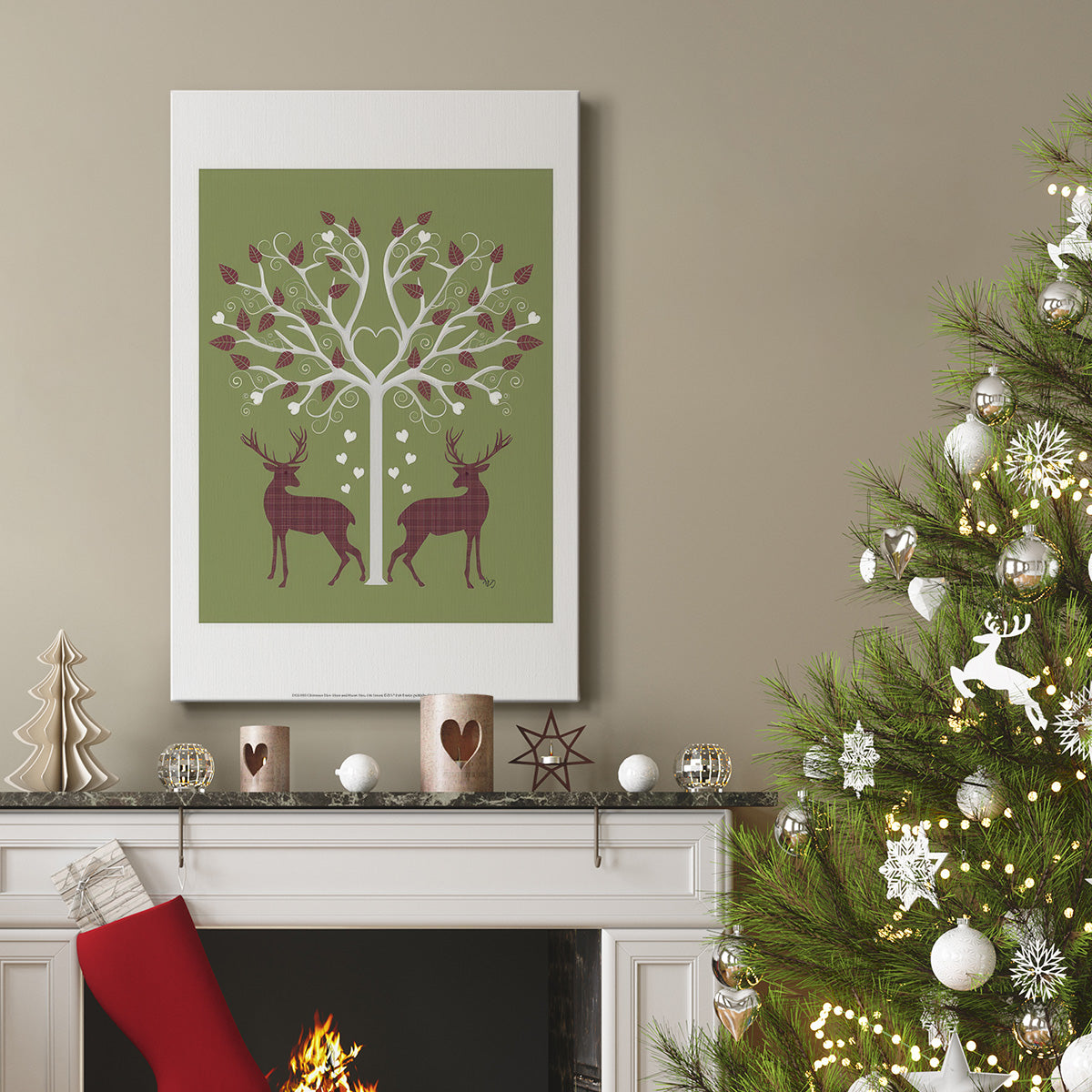 Christmas Des  - Deer and Heart Tree, Pink On Green - Gallery Wrapped Canvas