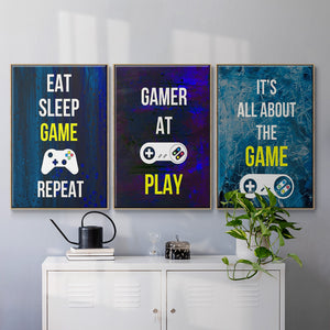 Gamer at Play IV - Framed Premium Gallery Wrapped Canvas L Frame 3 Piece Set - Ready to Hang