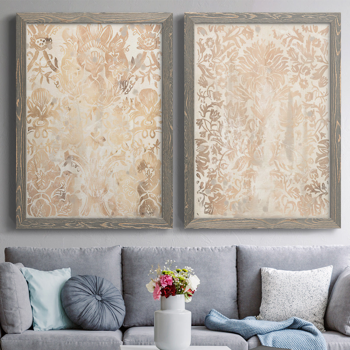 Walnut Damask III - Premium Framed Canvas 2 Piece Set - Ready to Hang