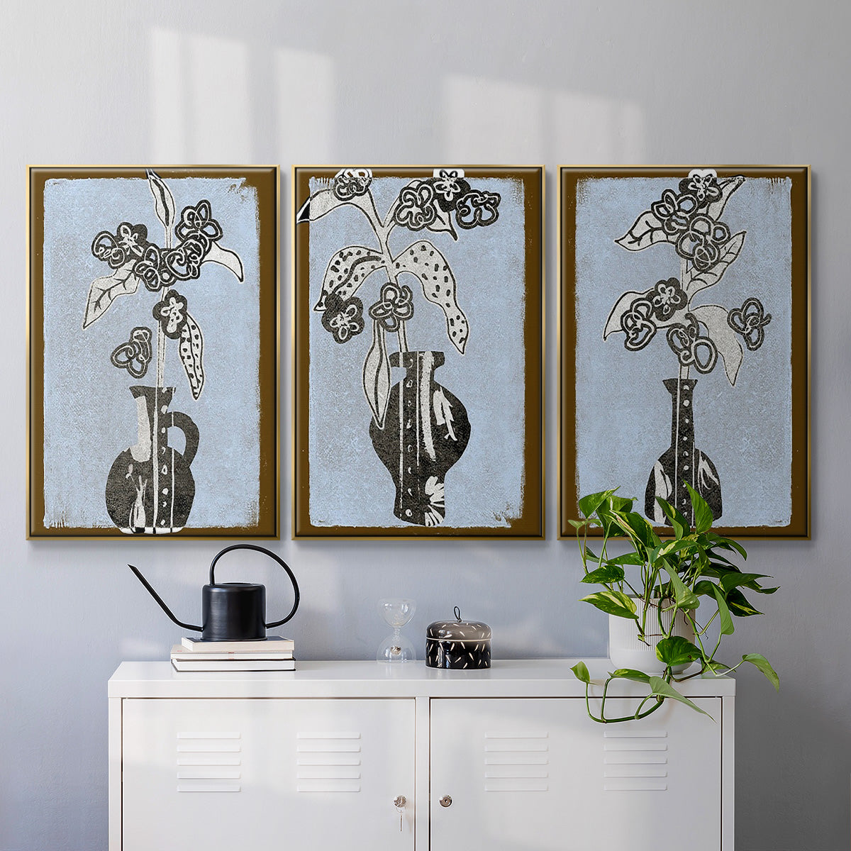 Graphic Flowers in Vase I - Framed Premium Gallery Wrapped Canvas L Frame 3 Piece Set - Ready to Hang