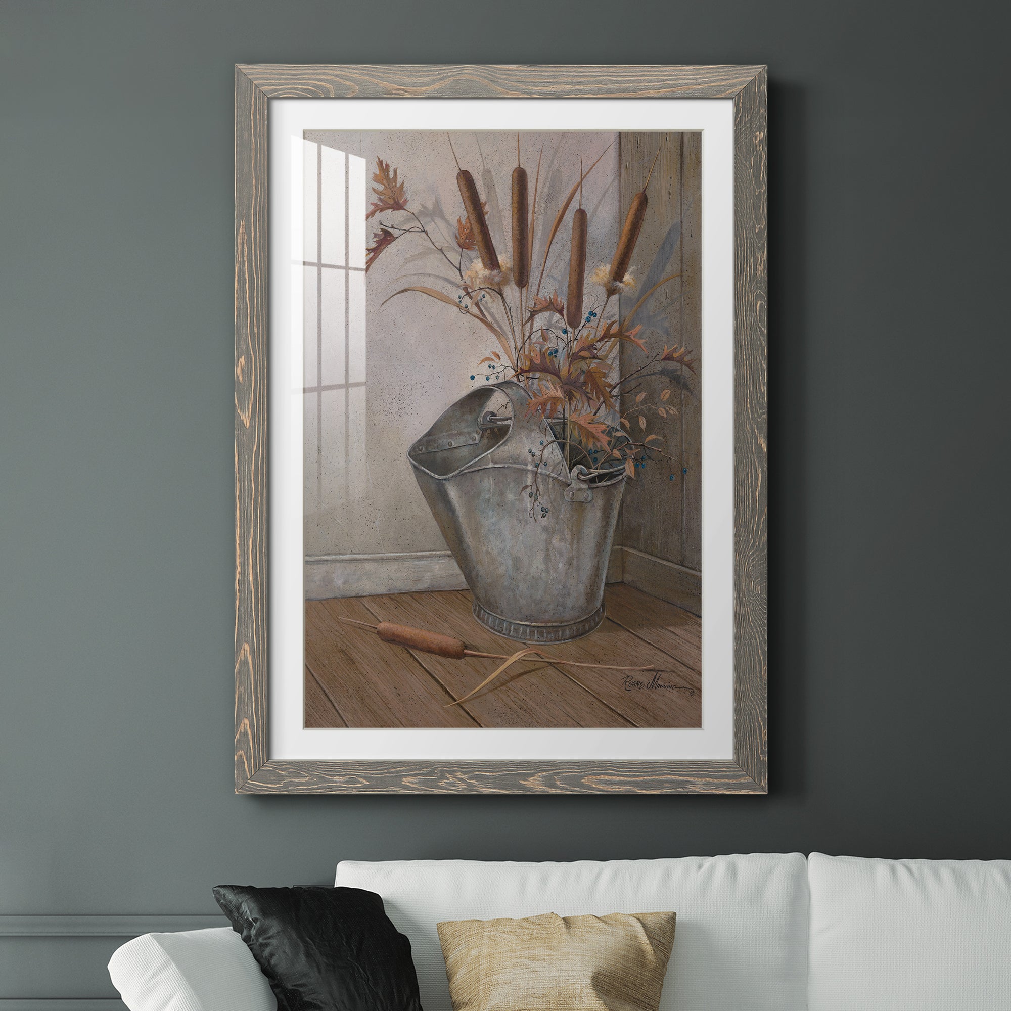 Berries & Cat Tails - Premium Framed Print - Distressed Barnwood Frame - Ready to Hang