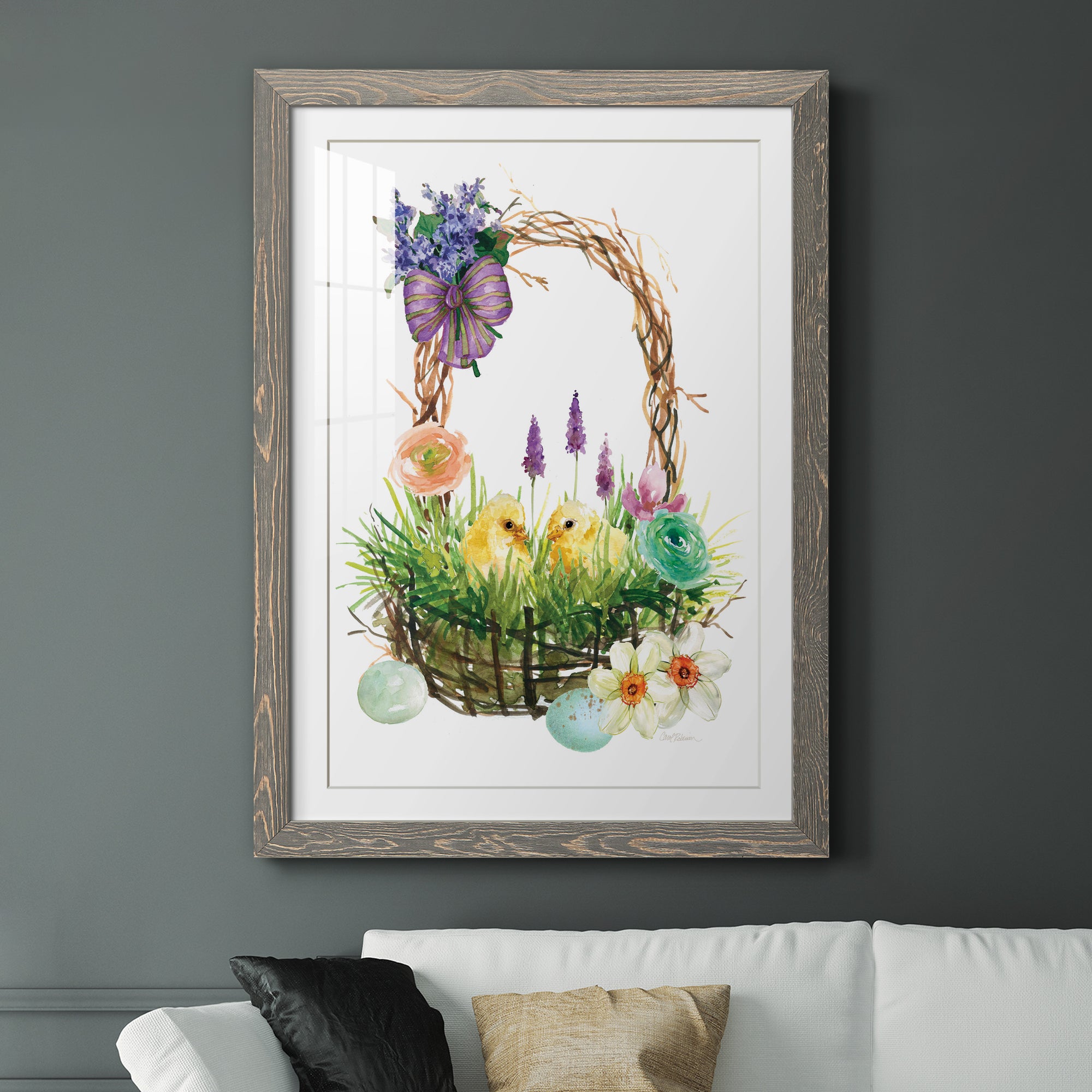 Spring Chick Basket - Barnwood Framed Art Print