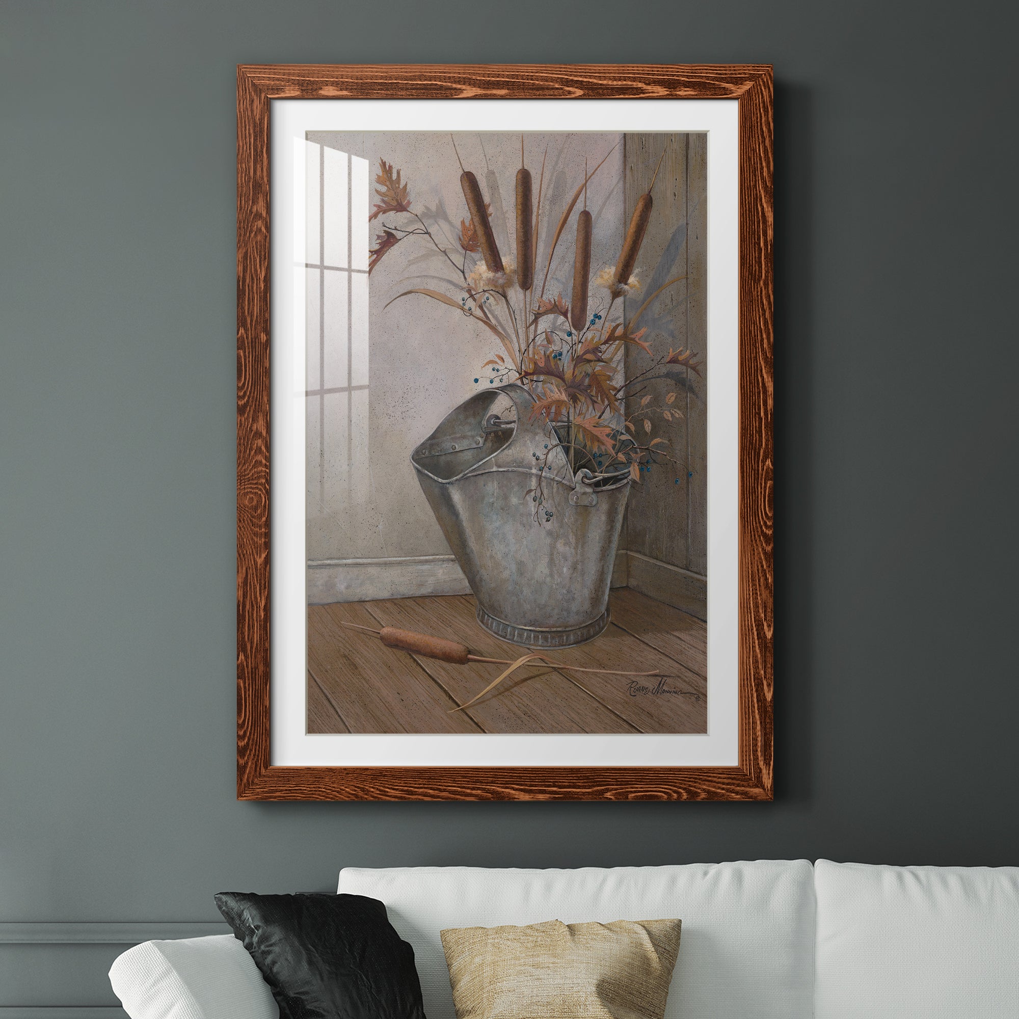 Berries & Cat Tails - Premium Framed Print - Distressed Barnwood Frame - Ready to Hang