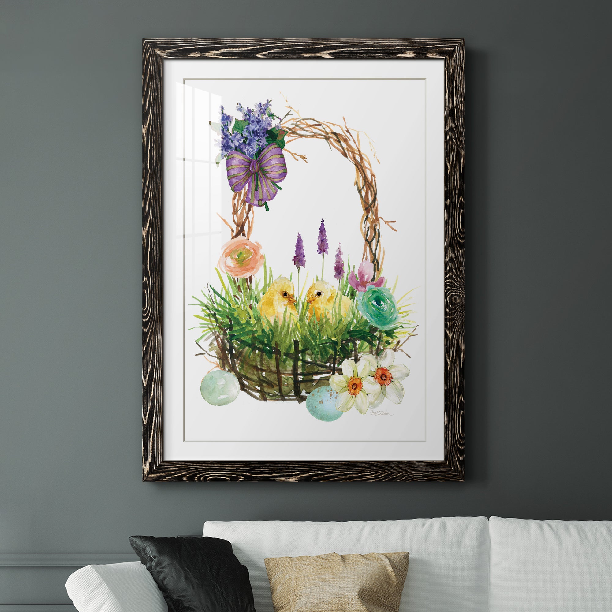 Spring Chick Basket - Barnwood Framed Art Print