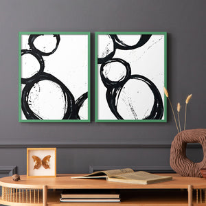 Colorful geometric landscape artwork depicting a coastal view with blue waters and green hills during daytime