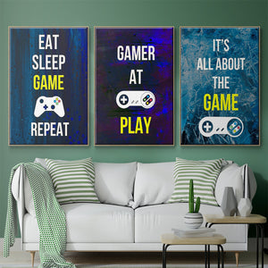 Gamer at Play IV - Framed Premium Gallery Wrapped Canvas L Frame 3 Piece Set - Ready to Hang