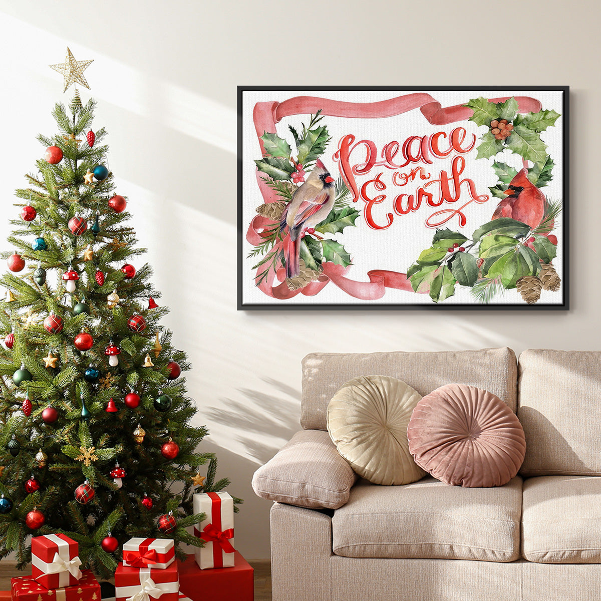 Cardinal Holly Christmas Collection A - Framed Gallery Wrapped Canvas in Floating Frame