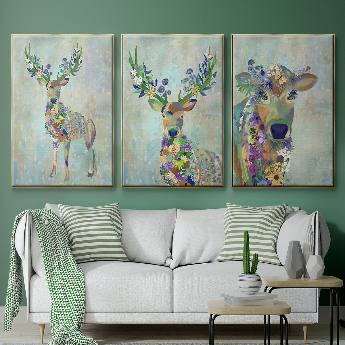 Fantastic Florals Cow - Framed Premium Gallery Wrapped Canvas L Frame 3 Piece Set - Ready to Hang