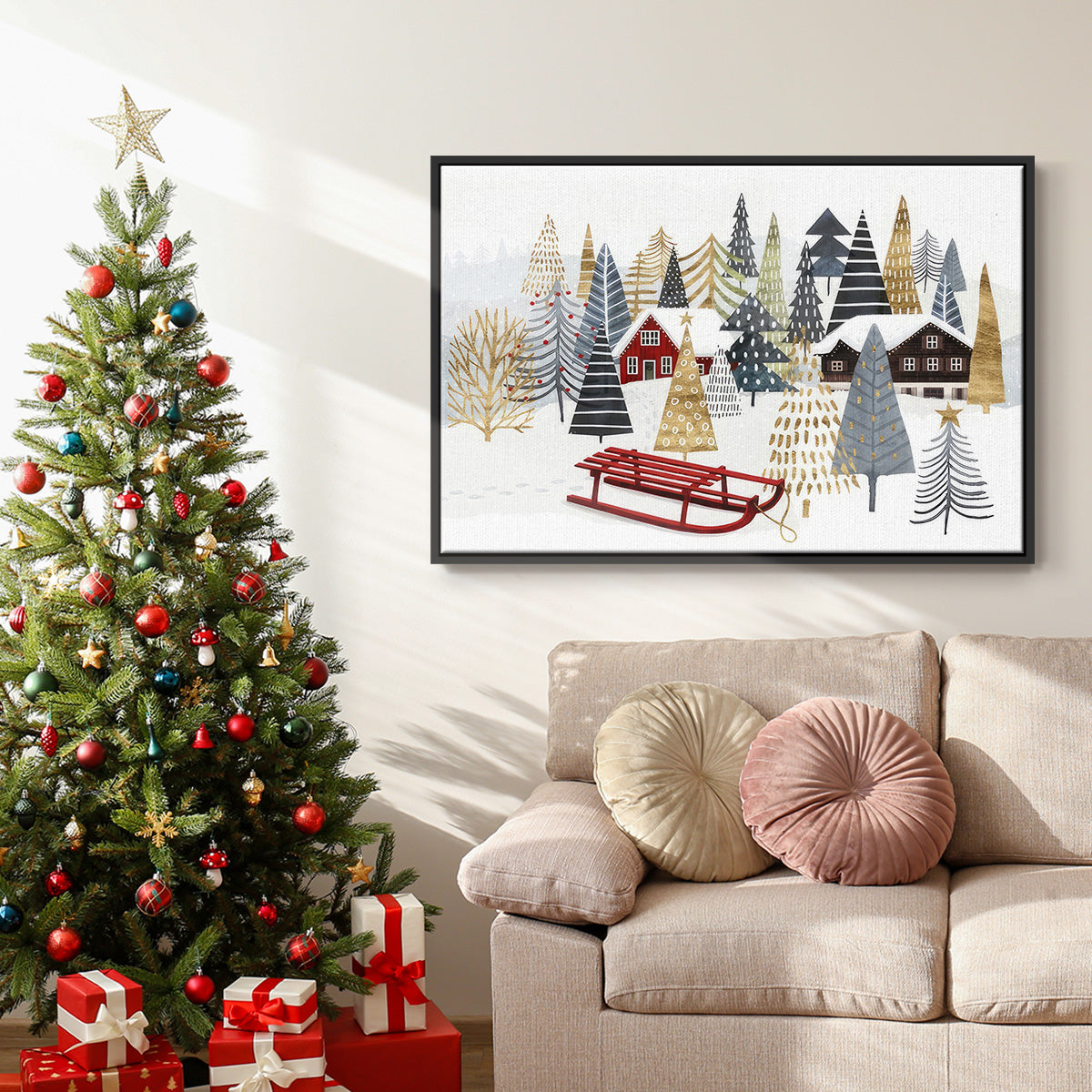 Christmas Chalet Collection A - Framed Gallery Wrapped Canvas in Floating Frame