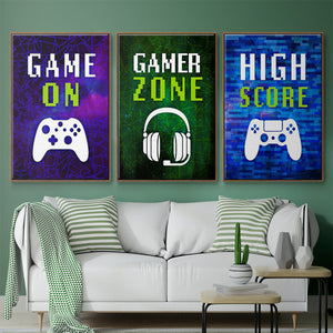 It's Game On I - Framed Premium Gallery Wrapped Canvas L Frame 3 Piece Set - Ready to Hang