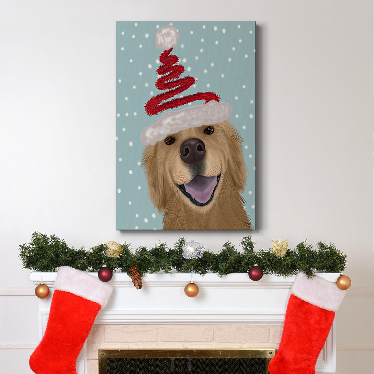 Christmas Golden Retriever and Spring Santa Hat - Gallery Wrapped Canvas