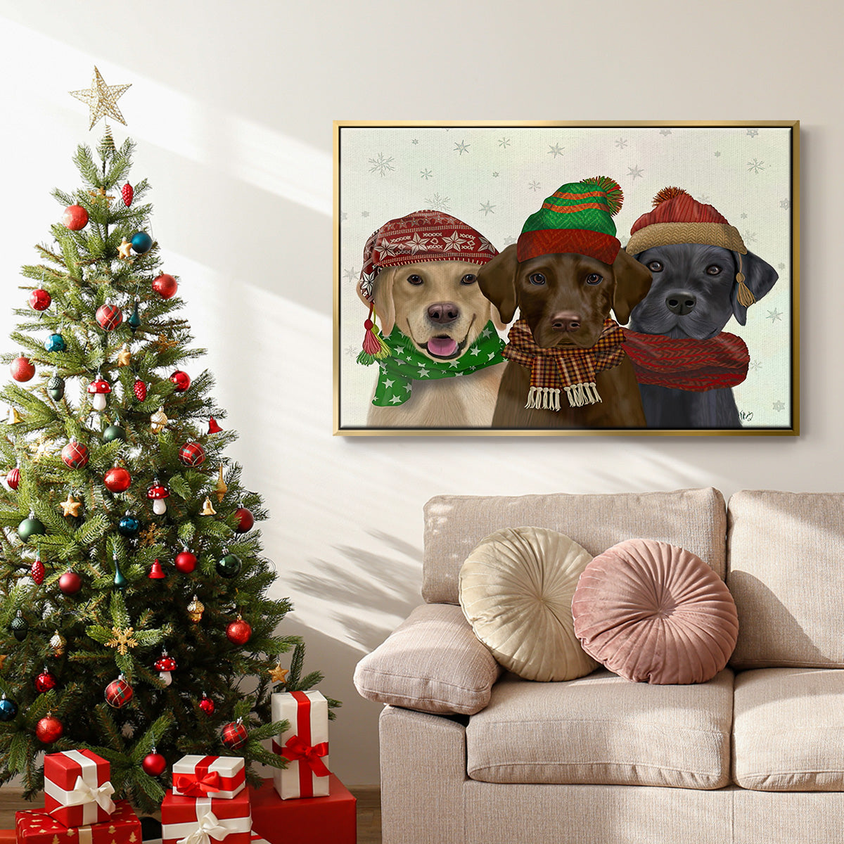 Christmas 3 Winter Labs - Framed Gallery Wrapped Canvas in Floating Frame