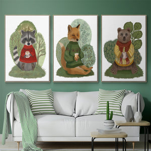 Hot Chocolate Bear - Framed Premium Gallery Wrapped Canvas L Frame 3 Piece Set - Ready to Hang