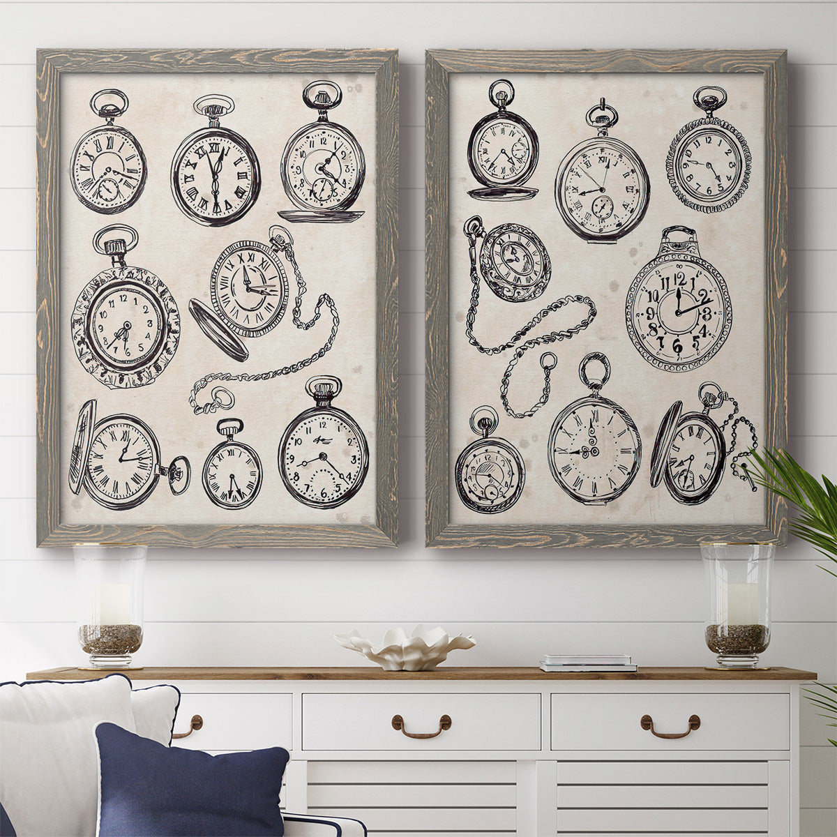 Pocket Watch Sketches I - Premium Framed Canvas 2 Piece Set - Ready to Hang