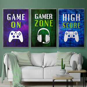 It's Game On I - Framed Premium Gallery Wrapped Canvas L Frame 3 Piece Set - Ready to Hang