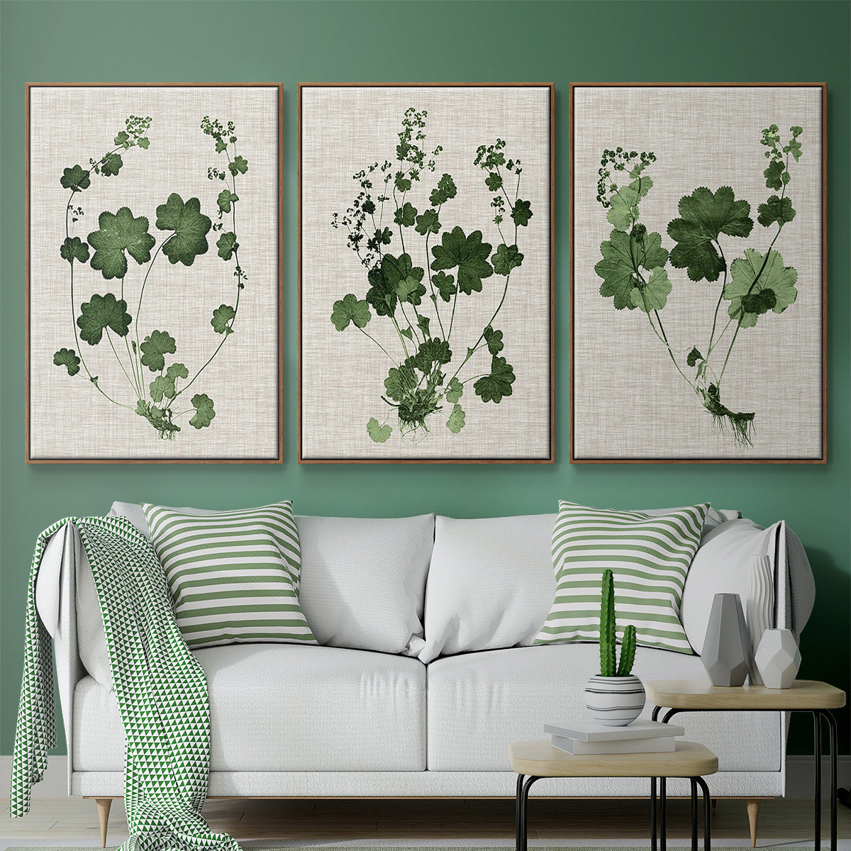 Forest Foliage on Linen I - Framed Premium Gallery Wrapped Canvas L Frame 3 Piece Set - Ready to Hang