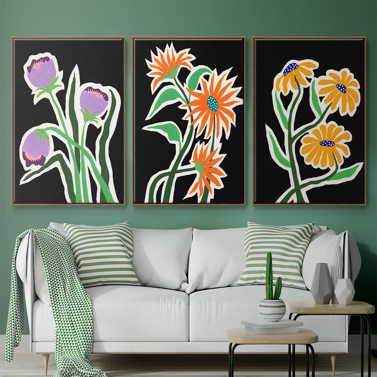 Pop Flowers I - Framed Premium Gallery Wrapped Canvas L Frame 3 Piece Set - Ready to Hang