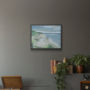 Abstract artwork features a coastal landscape with blue waters and gentle green hills. The composition uses geometric shapes to create a serene and vibrant atmosphere.