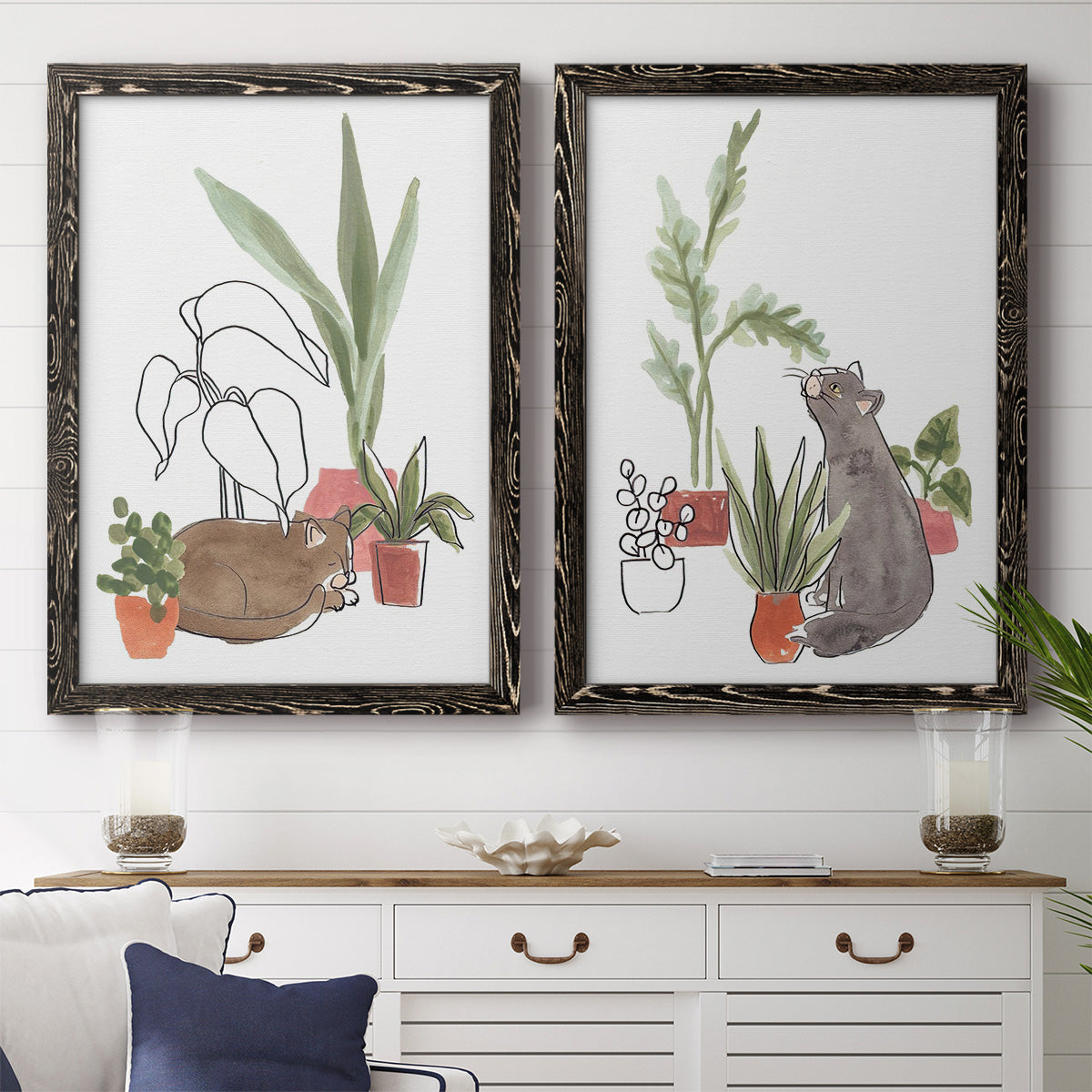 Purrfect Plants III - Premium Framed Canvas 2 Piece Set - Ready to Hang