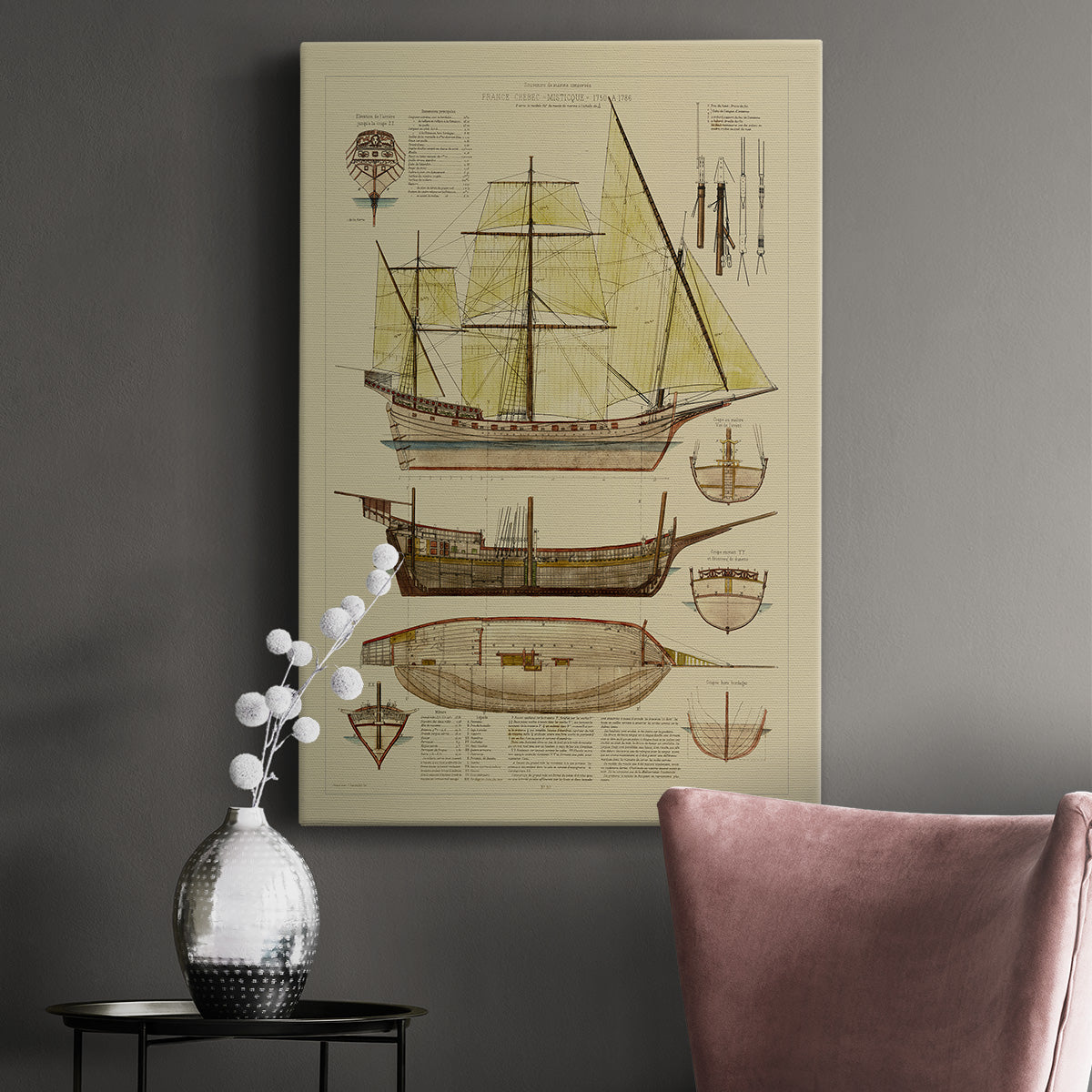 Antique Ship Plan II Premium Gallery Wrapped Canvas - Ready to Hang