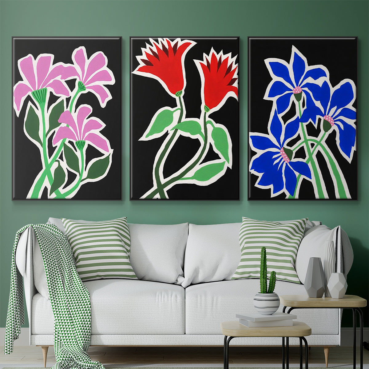 Pop Flowers IV - Framed Premium Gallery Wrapped Canvas L Frame 3 Piece Set - Ready to Hang