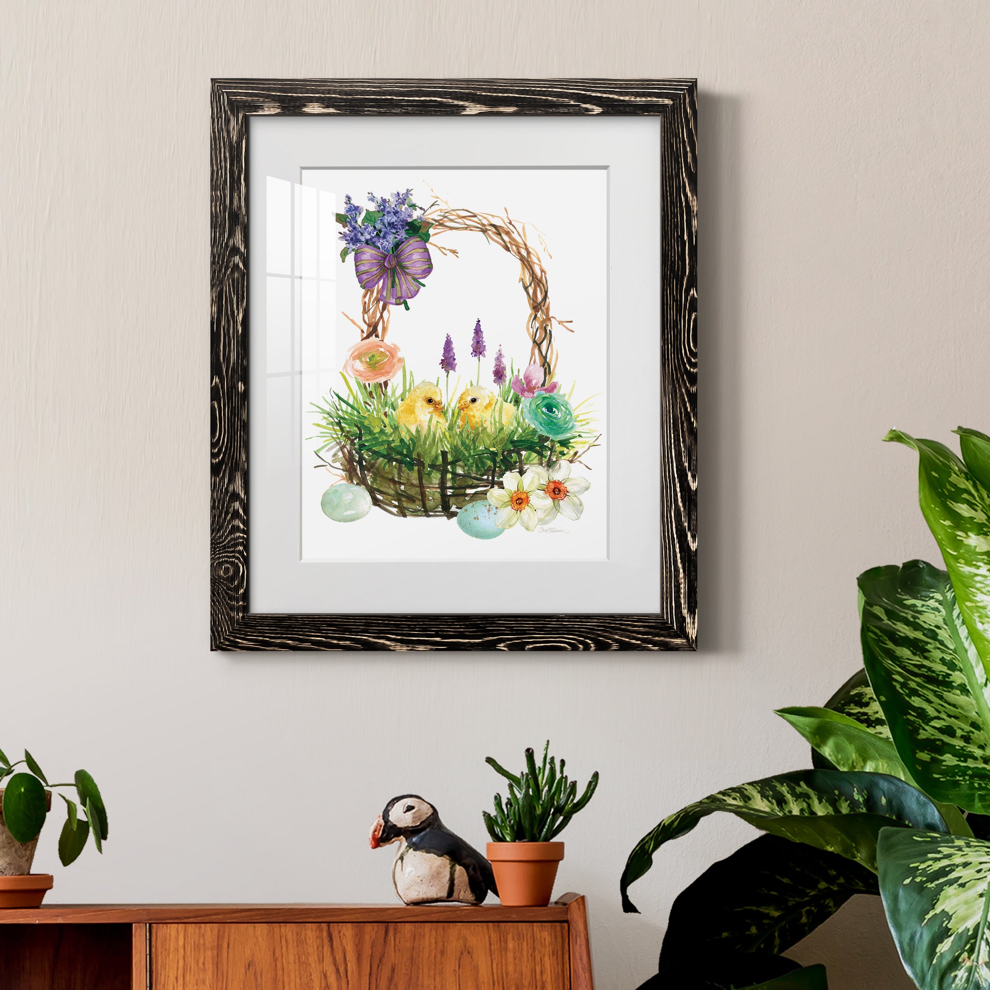 Spring Chick Basket - Barnwood Framed Art Print