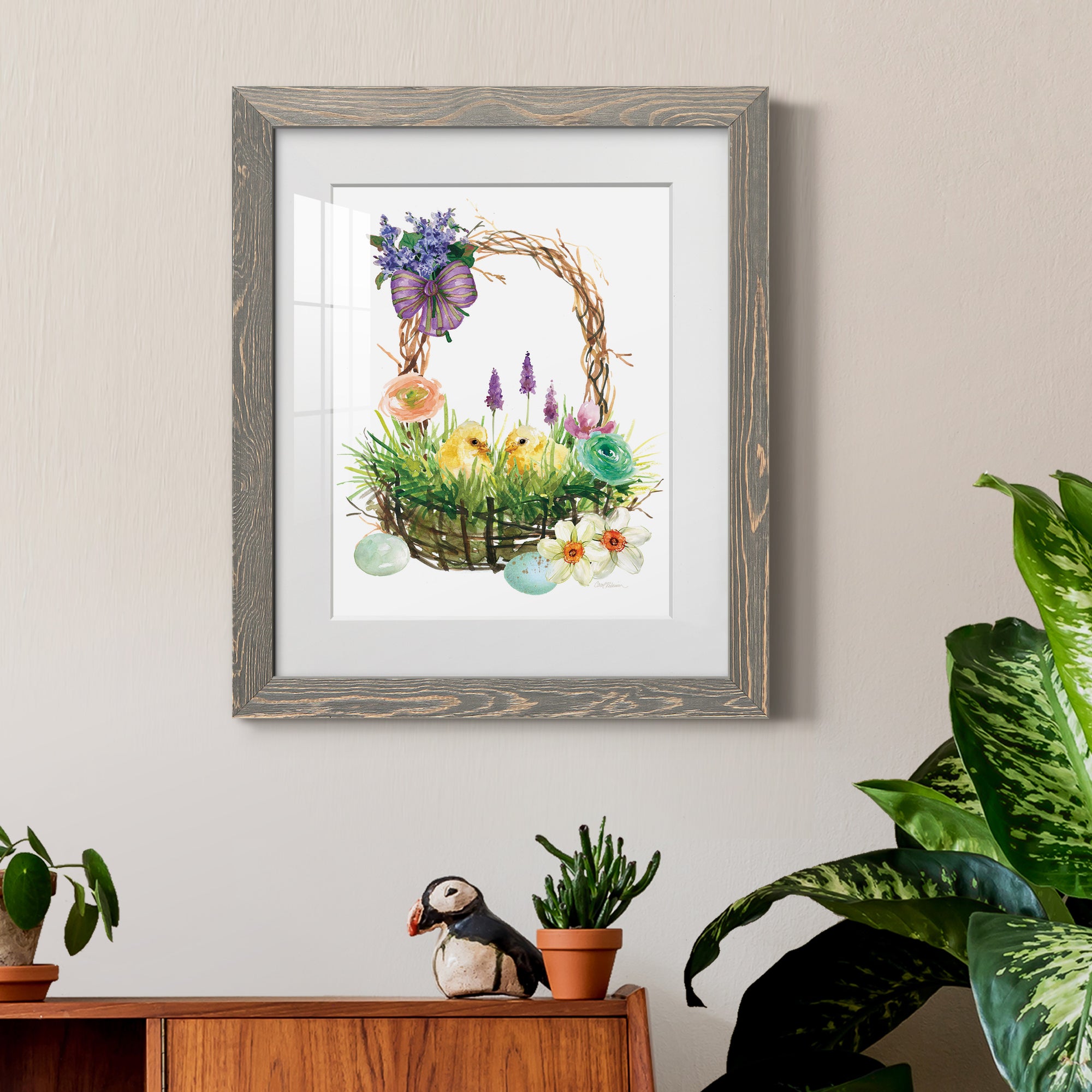 Spring Chick Basket - Barnwood Framed Art Print